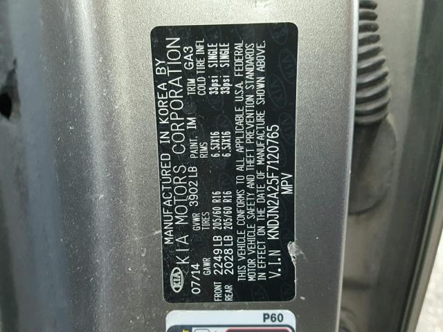 KNDJN2A25F7120765 - 2015 KIA SOUL GRAY photo 10