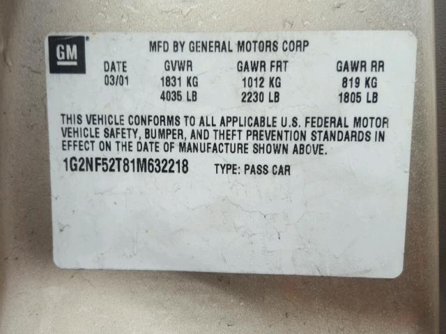 1G2NF52T81M632218 - 2001 PONTIAC GRAND AM S BEIGE photo 10