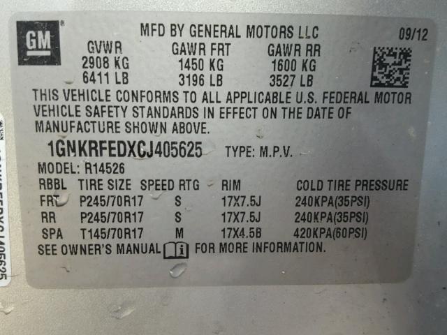 1GNKRFEDXCJ405625 - 2012 CHEVROLET TRAVERSE L SILVER photo 10