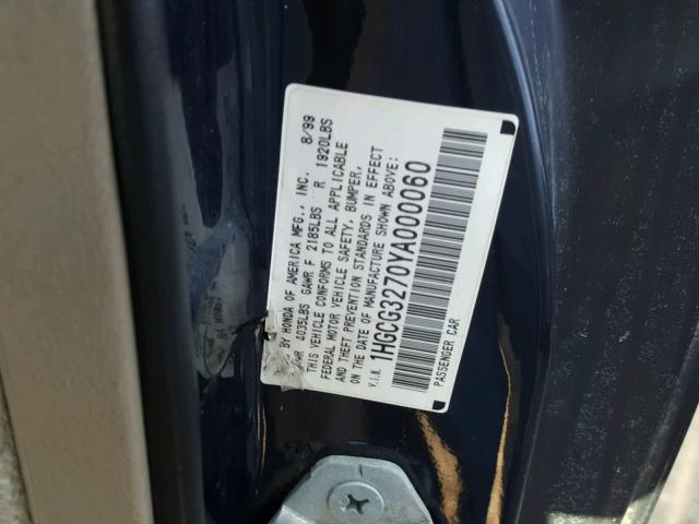 1HGCG3270YA000060 - 2000 HONDA ACCORD EX BLUE photo 10