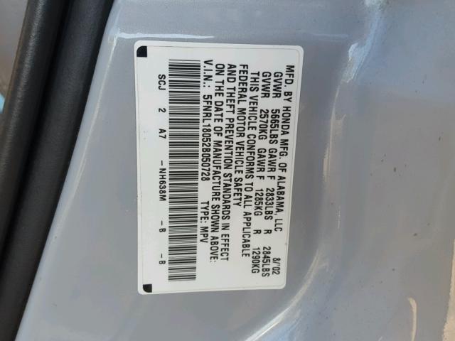 5FNRL18052B050728 - 2002 HONDA ODYSSEY EX SILVER photo 10