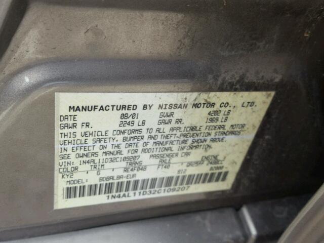 1N4AL11D32C109207 - 2002 NISSAN ALTIMA BAS GRAY photo 10