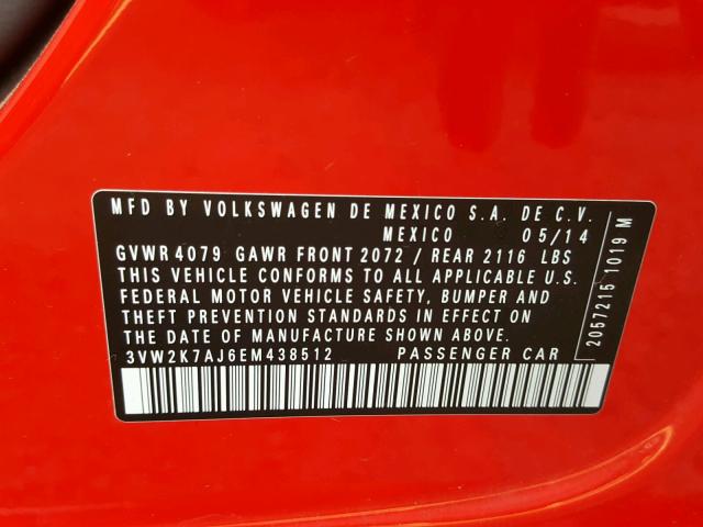 3VW2K7AJ6EM438512 - 2014 VOLKSWAGEN JETTA BASE RED photo 10