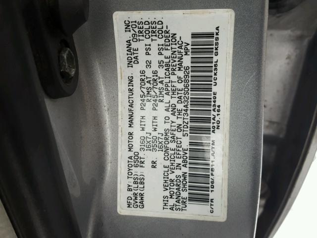 5TDZT34A32S068926 - 2002 TOYOTA SEQUOIA SR GRAY photo 10