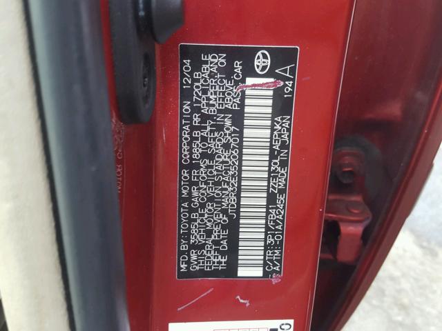 JTDBR32E352067017 - 2005 TOYOTA COROLLA CE RED photo 10