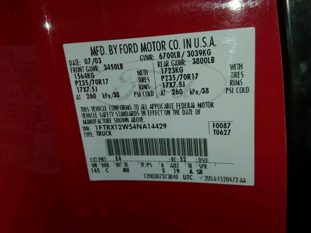 1FTRX12W54NA14429 - 2004 FORD F150 RED photo 10