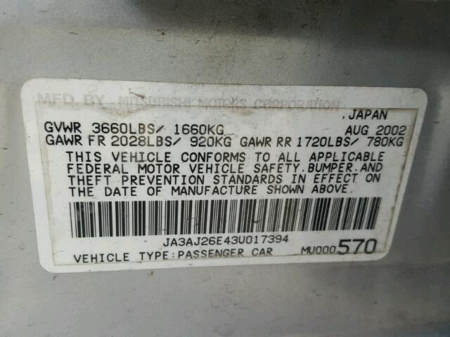 JA3AJ26E43U017394 - 2003 MITSUBISHI LANCER ES SILVER photo 10