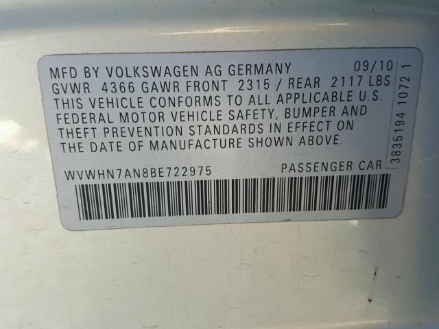 WVWHN7AN8BE722975 - 2011 VOLKSWAGEN CC LUXURY SILVER photo 10
