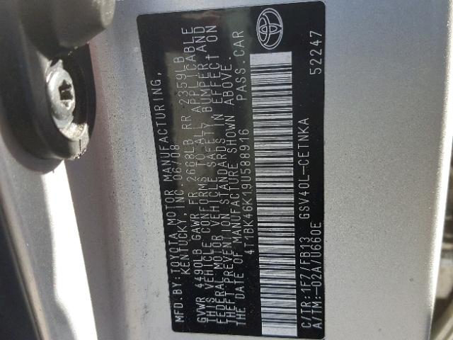 4T1BK46K19U588916 - 2009 TOYOTA CAMRY SE SILVER photo 10