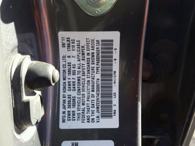 JHMZE2H74CS000774 - 2012 HONDA INSIGHT EX CHARCOAL photo 10