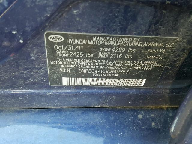 5NPEC4AC3CH408531 - 2012 HYUNDAI SONATA SE BLUE photo 10