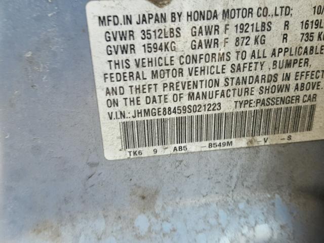 JHMGE88459S021223 - 2009 HONDA FIT SPORT BLUE photo 10