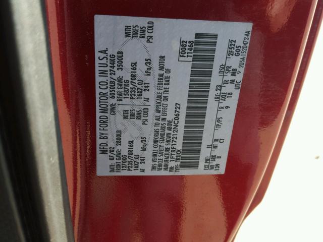 1FTRF17212NC06727 - 2002 FORD F150 RED photo 10