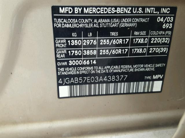 4JGAB57E03A438377 - 2003 MERCEDES-BENZ ML 350 TAN photo 10