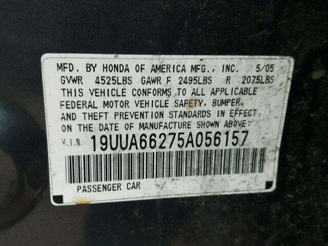 19UUA66275A056157 - 2005 ACURA TL GRAY photo 10