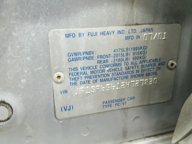 JF1SF65612H727830 - 2002 SUBARU FORESTER S Արծաթագույն լուսանկար 10