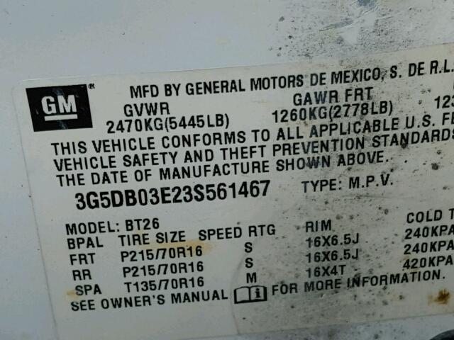 3G5DB03E23S561467 - 2003 BUICK RENDEZVOUS WHITE photo 10