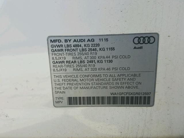 WA1GFCFSXGR012597 - 2016 AUDI Q3 PRESTIG WHITE photo 10