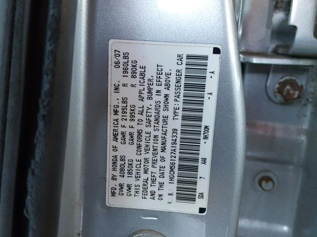 1HGCM56127A194339 - 2007 HONDA ACCORD VAL SILVER photo 10