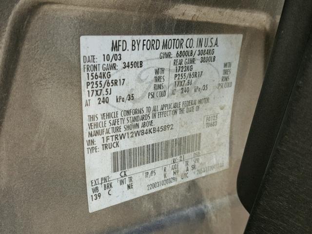 1FTRW12W84KB45892 - 2004 FORD F150 SUPER GRAY photo 10