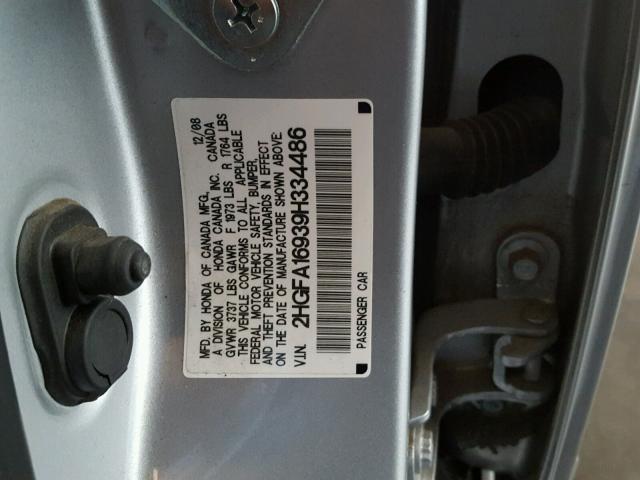 2HGFA16939H334486 - 2009 HONDA CIVIC EXL SILVER photo 10