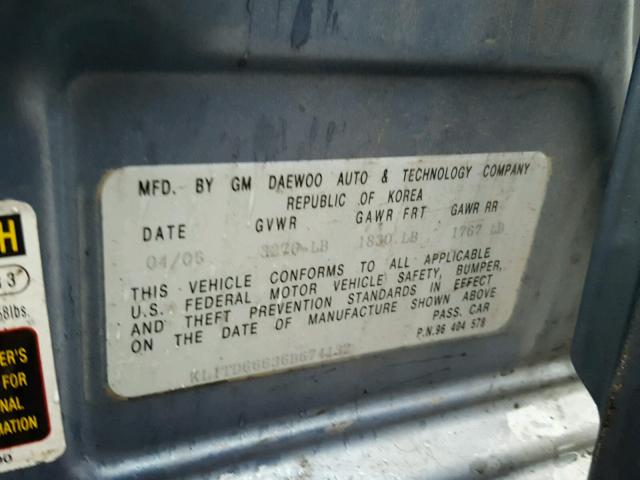 KL1TD66636B674132 - 2006 CHEVROLET AVEO BASE BLUE photo 10