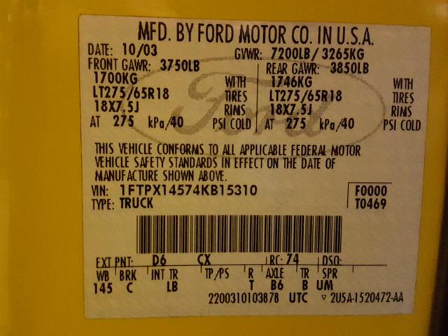 1FTPX14574KB15310 - 2004 FORD F150 YELLOW photo 10