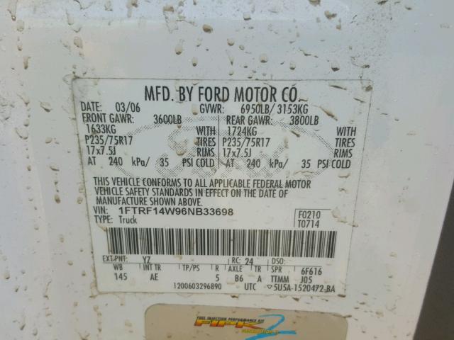 1FTRF14W96NB33698 - 2006 FORD F150 WHITE photo 10