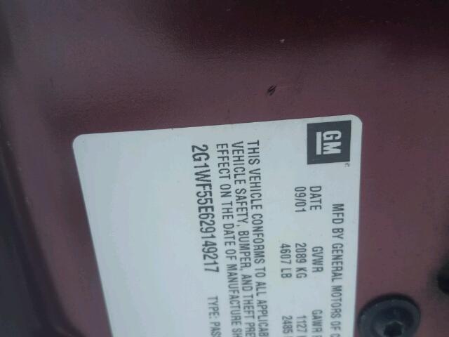 2G1WF55E629149217 - 2002 CHEVROLET IMPALA RED photo 10