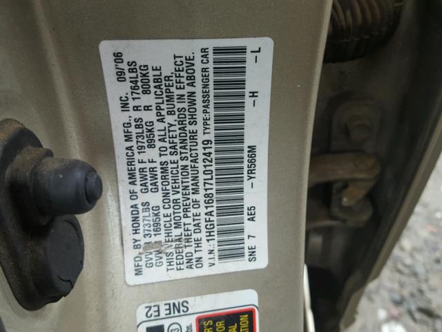 1HGFA16817L012419 - 2007 HONDA CIVIC EX GOLD photo 10