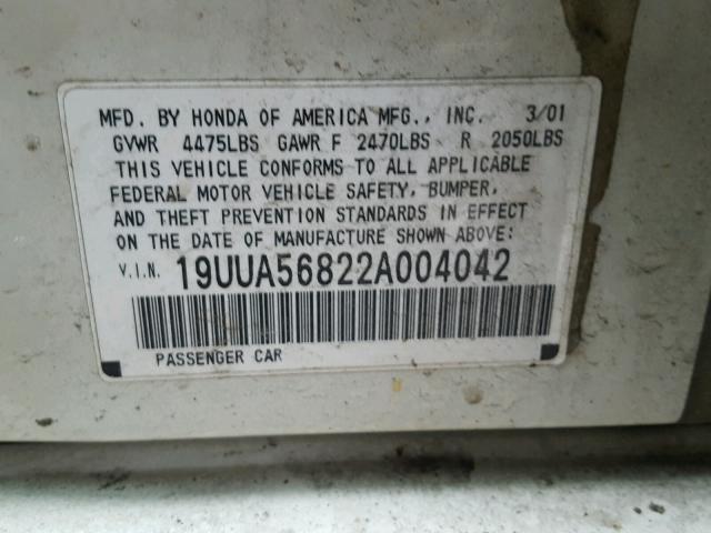 19UUA56822A004042 - 2002 ACURA 3.2TL TYPE WHITE photo 10