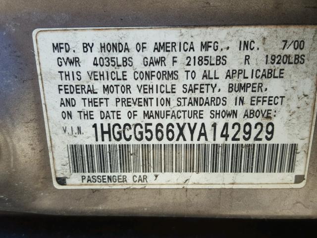 1HGCG566XYA142929 - 2000 HONDA ACCORD EX GRAY photo 10