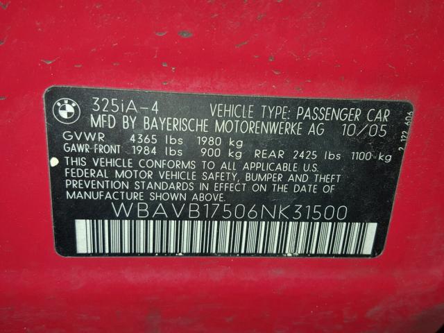 WBAVB17506NK31500 - 2006 BMW 325 I AUTO RED photo 10