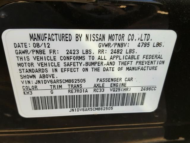 JN1DV6AR5CM862505 - 2012 INFINITI G25 BLACK photo 10