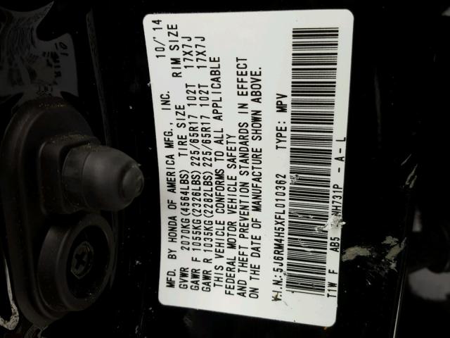 5J6RM4H5XFL010362 - 2015 HONDA CR-V EX BLACK photo 10