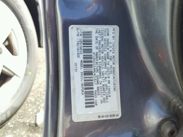 4T1SV21E4MU421617 - 1991 TOYOTA CAMRY DLX GRAY photo 10