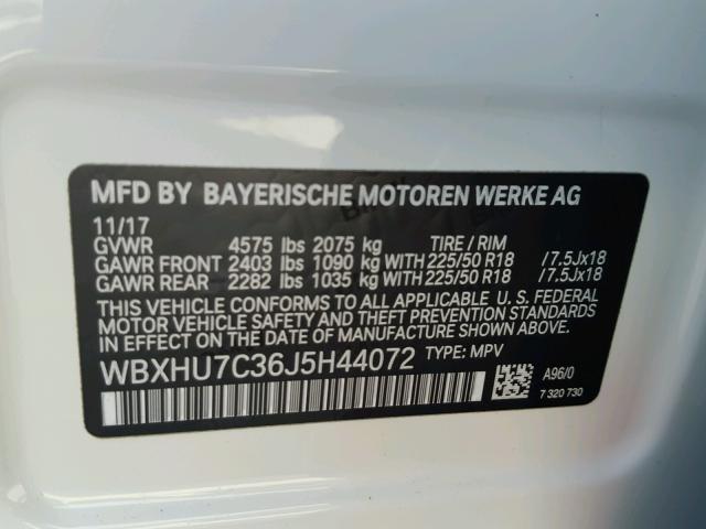 WBXHU7C36J5H44072 - 2018 BMW X1 SDRIVE2 WHITE photo 10