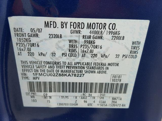 1FMCU02Z88KA78227 - 2008 FORD ESCAPE XLS BLUE photo 10