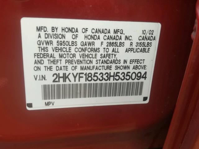 2HKYF18533H535094 - 2003 HONDA PILOT EXL BURGUNDY photo 10