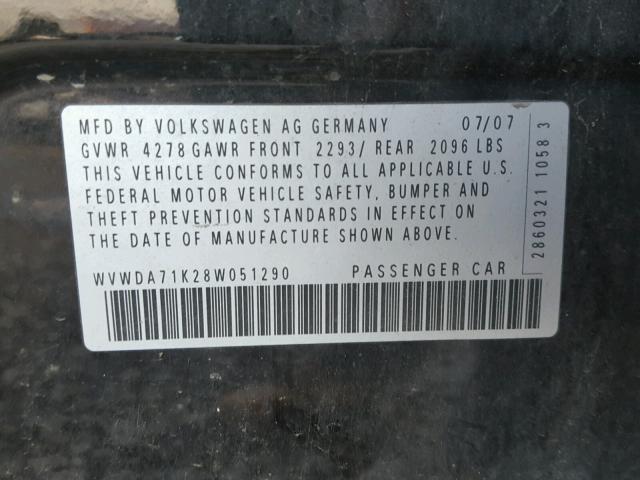 WVWDA71K28W051290 - 2008 VOLKSWAGEN RABBIT BLACK photo 10