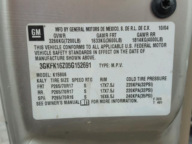 3GKFK16Z05G152691 - 2005 GMC YUKON XL K SILVER photo 10