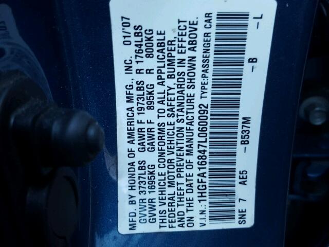 1HGFA16847L060092 - 2007 HONDA CIVIC EX ლურჯი ფოტო 10