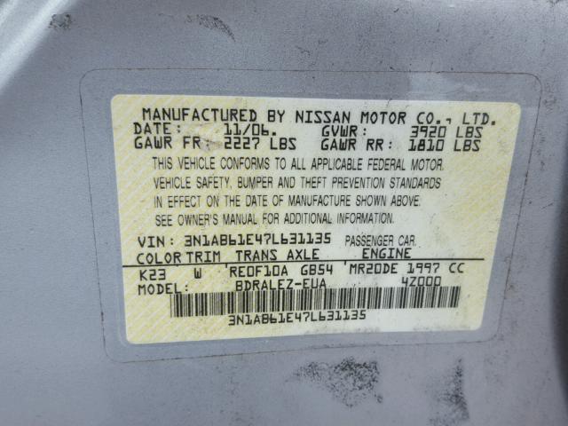 3N1AB61E47L631135 - 2007 NISSAN SENTRA 2.0 SILVER photo 10