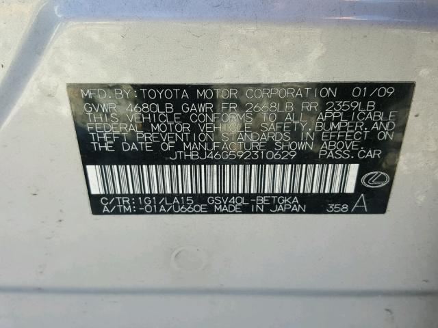 JTHBJ46G592310629 - 2009 LEXUS ES 350 SILVER photo 10