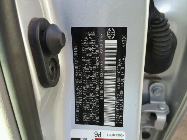 4T1BF1FK9EU374480 - 2014 TOYOTA CAMRY L SILVER photo 10