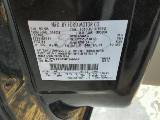 1FTPW12535KD46647 - 2005 FORD F150 SUPER BLACK photo 10