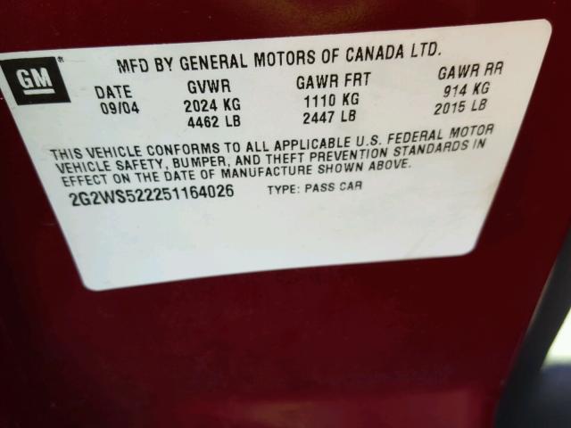 2G2WS522251164026 - 2005 PONTIAC GRAND PRIX BURGUNDY photo 10