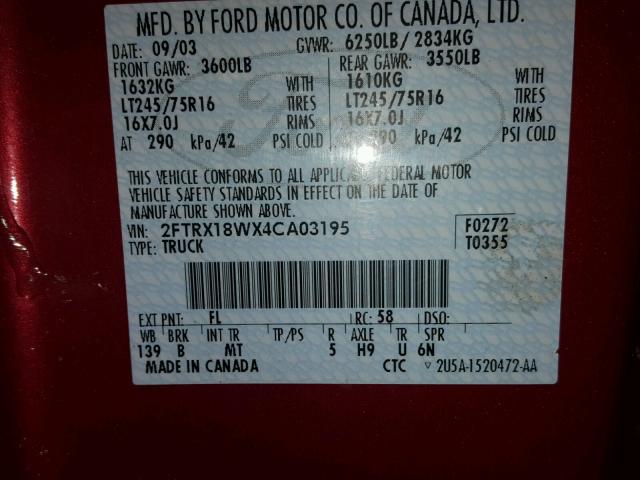 2FTRX18WX4CA03195 - 2004 FORD F-150 HERI MAROON photo 10