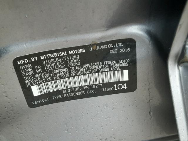 ML32F3FJ7HHF18277 - 2017 MITSUBISHI MIRAGE G4 GRAY photo 10