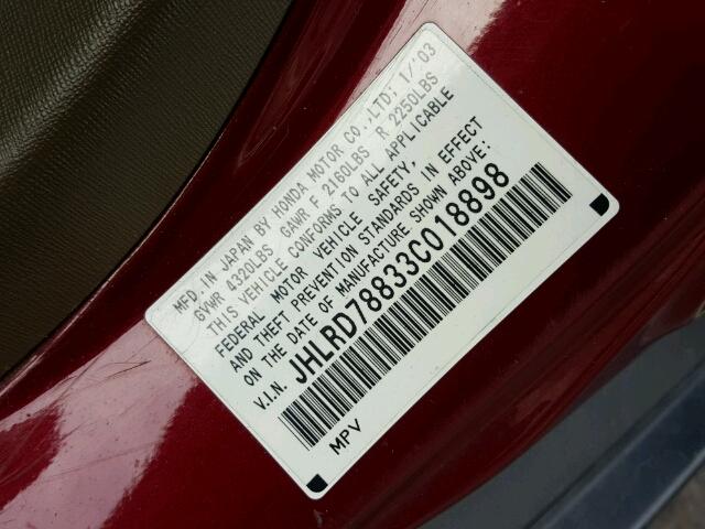 JHLRD78833C018898 - 2003 HONDA CR-V EX MAROON photo 10